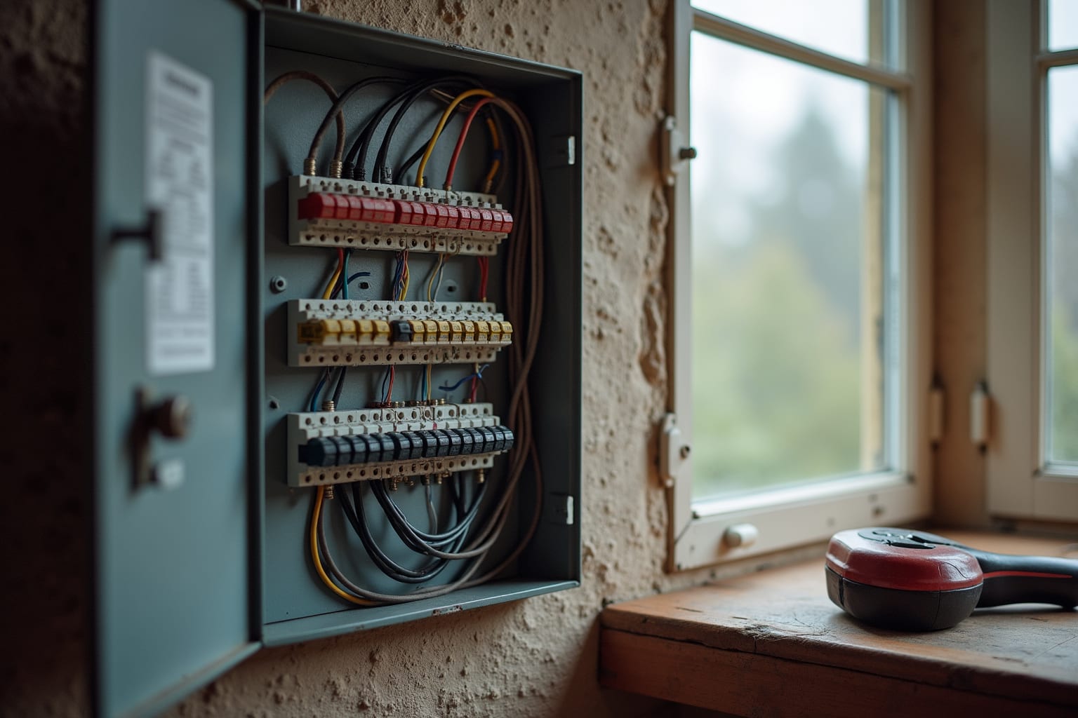 Een open meterkast met schakelaars en netjes gebundelde kabels, met gereedschap ernaast.