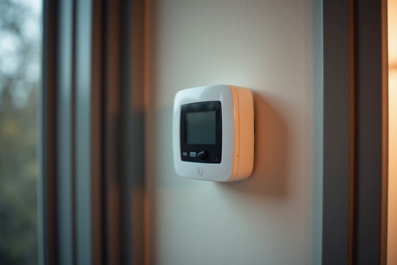 Een eenvoudige witte thermostaat aan de wand van een woonkamer.